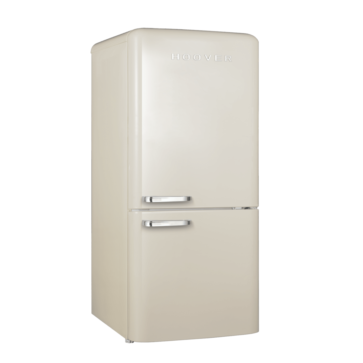 ⁦Hoover 300L Bottom Mount Retro Style Refrigerator.Total No Frost Design.Humidity Control. Electronic Control & LED Light. Silver Strip & Ice Twister.1 Year Warranty. Cream - HBR-M300-RC⁩ - الصورة ⁦1⁩