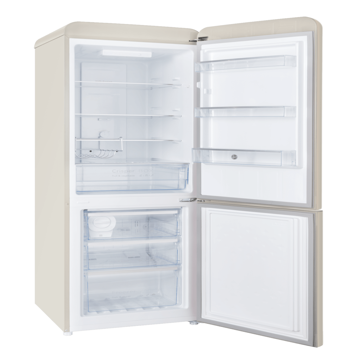 ⁦Hoover 300L Bottom Mount Retro Style Refrigerator.Total No Frost Design.Humidity Control. Electronic Control & LED Light. Silver Strip & Ice Twister.1 Year Warranty. Cream - HBR-M300-RC⁩ - الصورة ⁦2⁩
