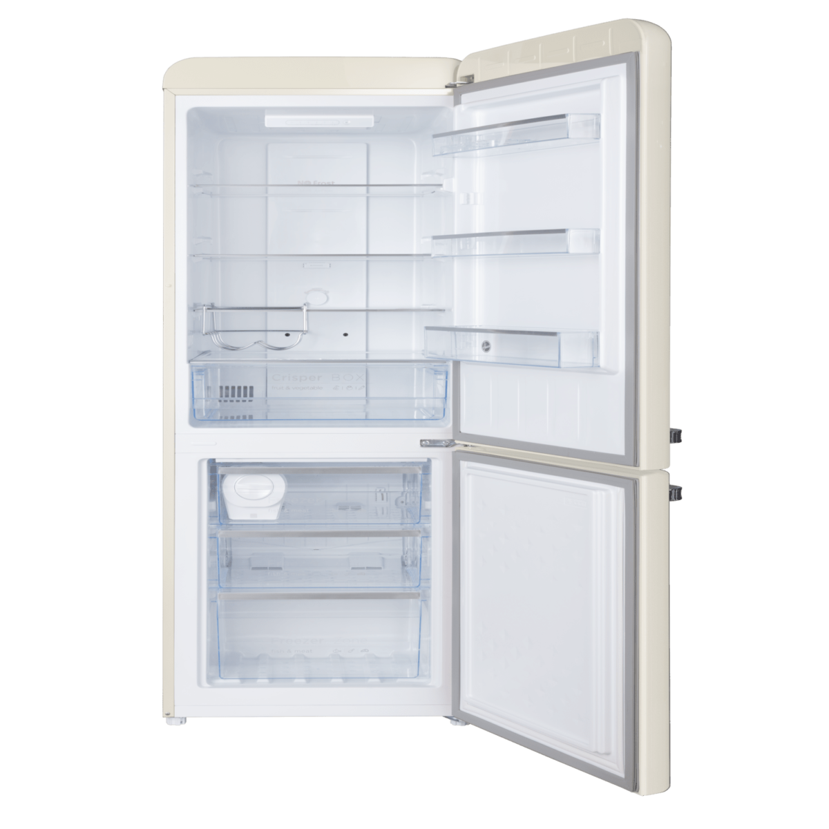 ⁦Hoover 300L Bottom Mount Retro Style Refrigerator.Total No Frost Design.Humidity Control. Electronic Control & LED Light. Silver Strip & Ice Twister.1 Year Warranty. Cream - HBR-M300-RC⁩ - الصورة ⁦3⁩