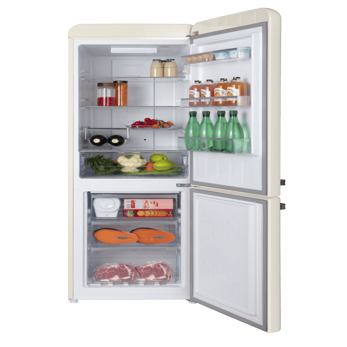 ⁦Hoover 300L Bottom Mount Retro Style Refrigerator.Total No Frost Design.Humidity Control. Electronic Control & LED Light. Silver Strip & Ice Twister.1 Year Warranty. Cream - HBR-M300-RC⁩ - الصورة ⁦4⁩