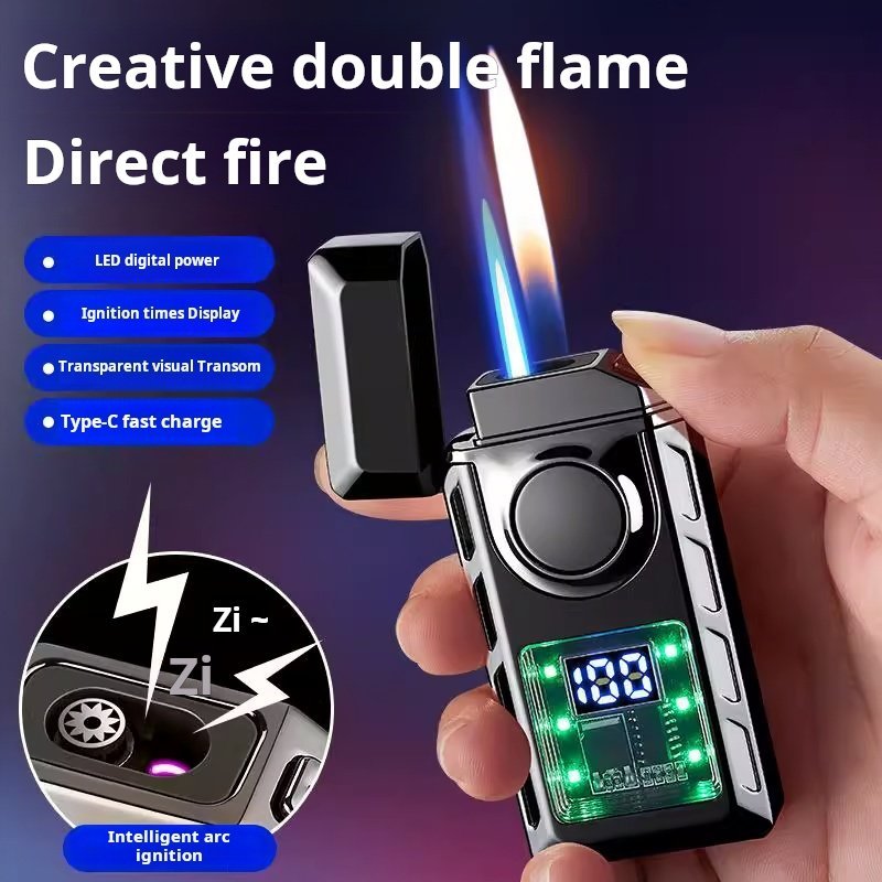 d-1.jpg New Arc Intelligent Power Display Dual Flame Lighters Direct Punch Plus Open Flame Inflatable Lighters (PACK OF 2) - الصورة 1